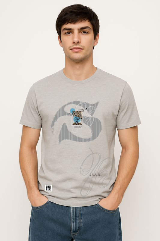 Front close-up of men's light grey cotton t-shirt with urban unique print – stylish Gen Z look