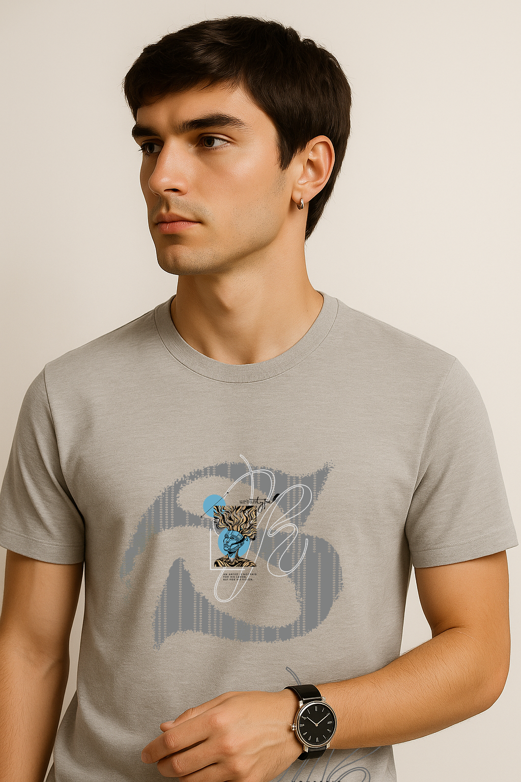 Side profile of light grey cotton t-shirt for men – abstract graphic print streetwear style