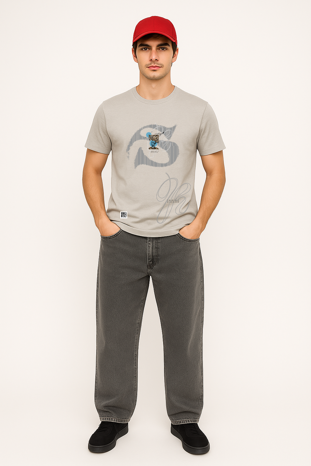 Full front view of men's light grey t-shirt with unique graphic print – relaxed casual fit