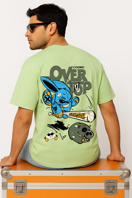 Men's rabbit t-shirt with bold cartoon print on the back, green oversized fit for casual streetwear look