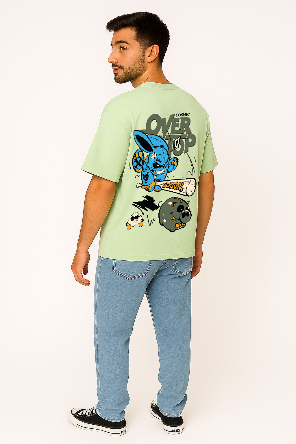 Green oversized t-shirt for men featuring back cartoon rabbit graphic and street-style elements