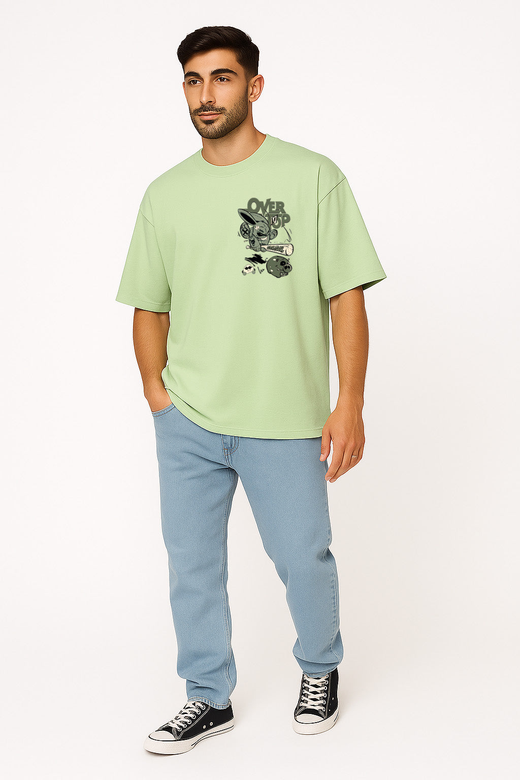 Front view of men's green oversized t-shirt with small rabbit design, casual fit for everyday wear