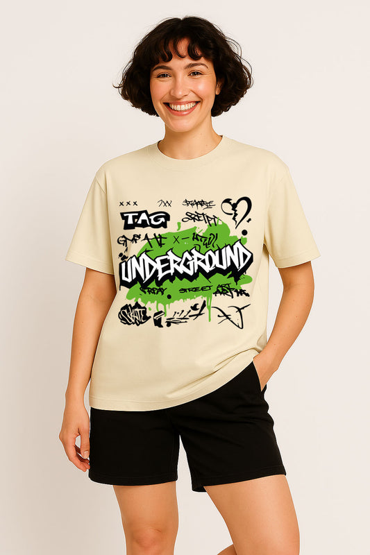 Youth-style cotton oversized t-shirt in off-white for women with bold underground graphic text
