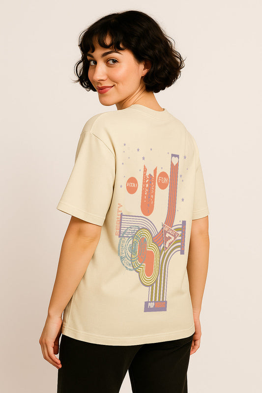 Off-white cotton oversized t-shirt for women featuring retro pop art back print – casual and bold streetwear vibe