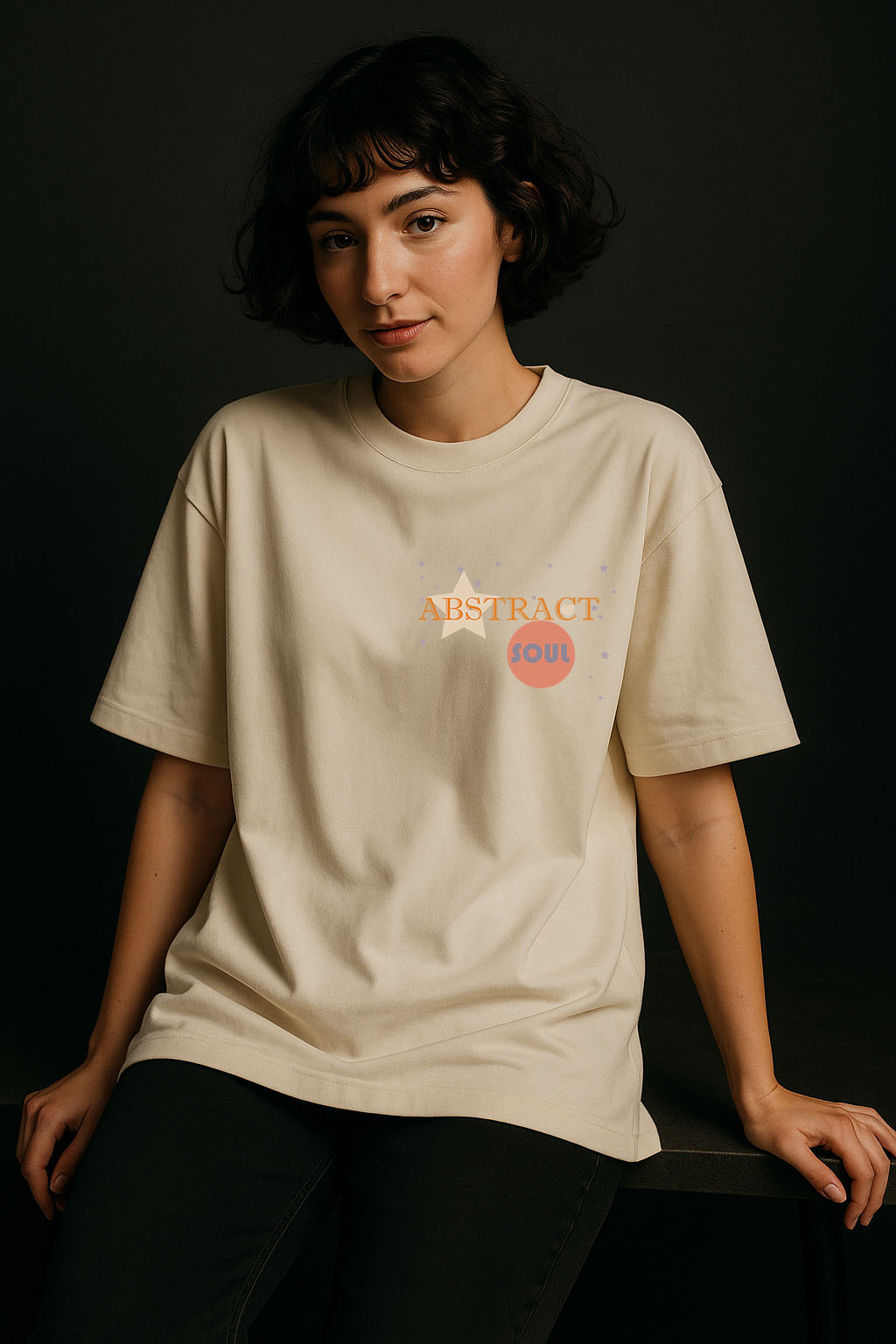 Off-white oversized t-shirt for women with “Abstract Soul” front text – comfy and aesthetic everyday outfit