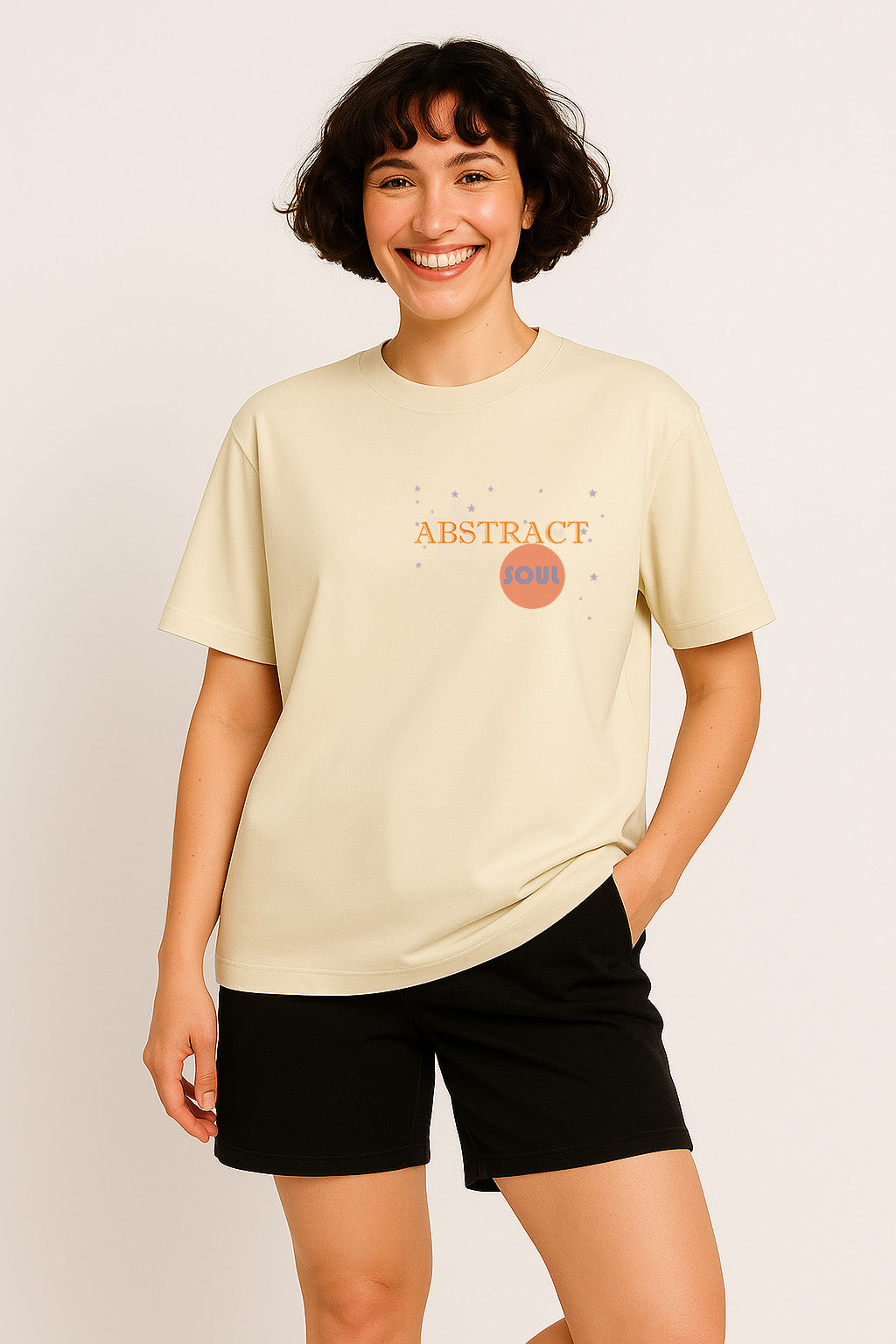 Abstract Soul graphic front print on off-white oversized t-shirt for women – chic casual wear