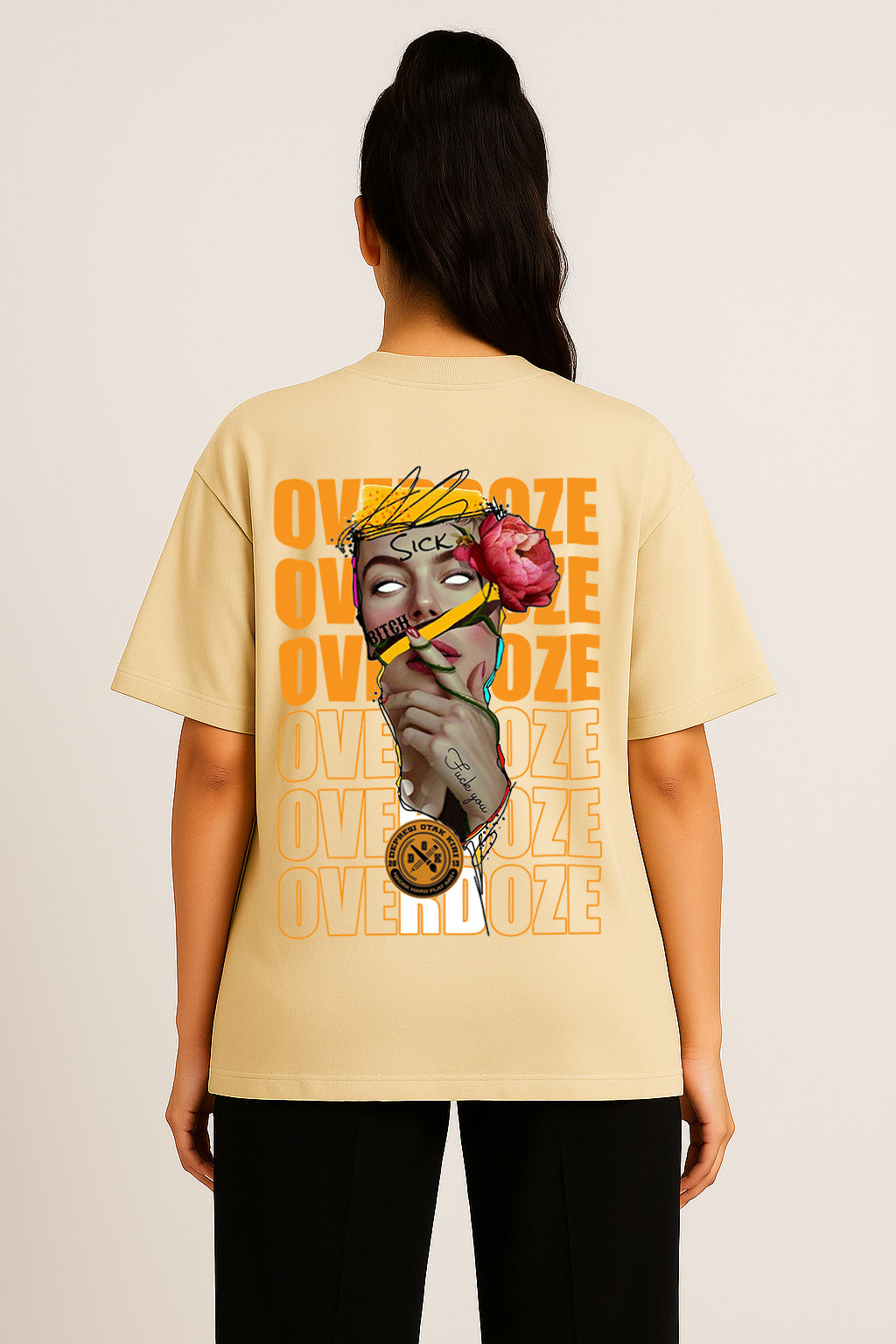 Off-white oversized t-shirt for women with bold Overdoze streetwear graphic on back – Gen Z aesthetic