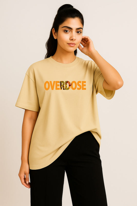 Minimal front view of off-white Overdoze graphic tee for women – casual streetwear style