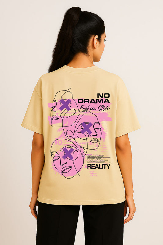 Rear angle of women's off-white oversized t-shirt featuring bold pink and black "No Drama" graphic