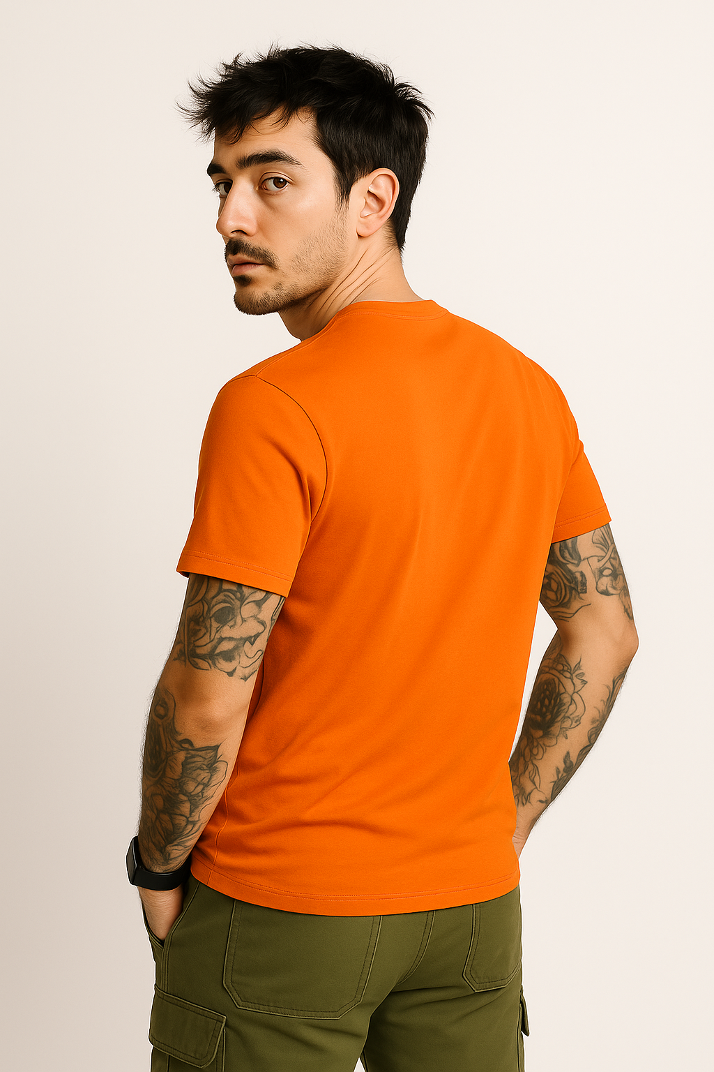 Back view of orange cotton t-shirt for men featuring unique trust print – BANKAZ men's regular fit