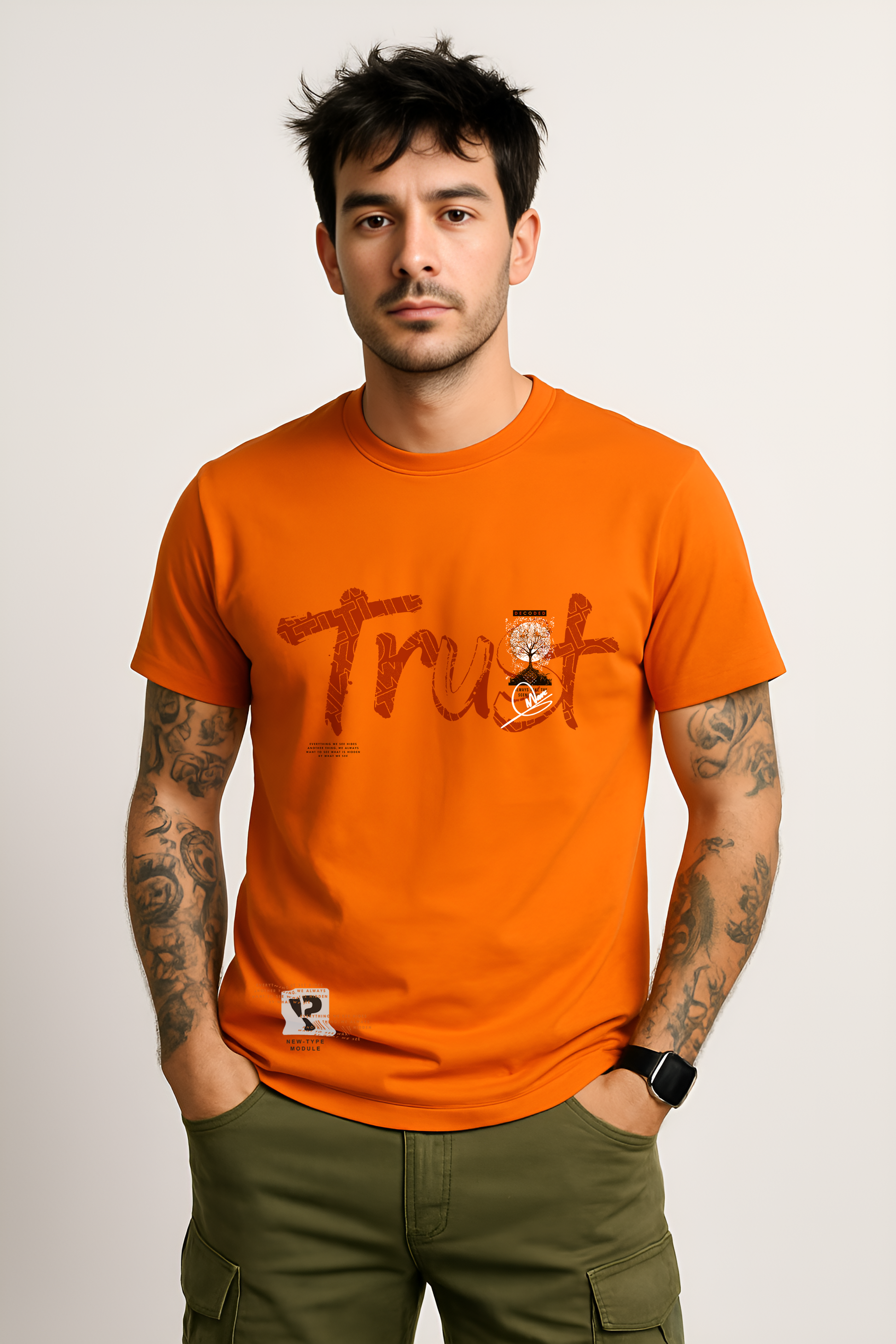Front close-up of orange cotton t-shirt for men with bold “Trust” text design – BANKAZ regular fit tee