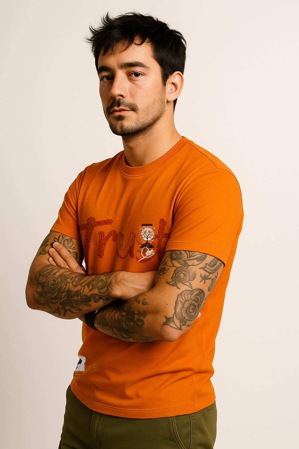 Angled view of orange men’s cotton t-shirt with unique graphic print – premium regular fit by BANKAZ