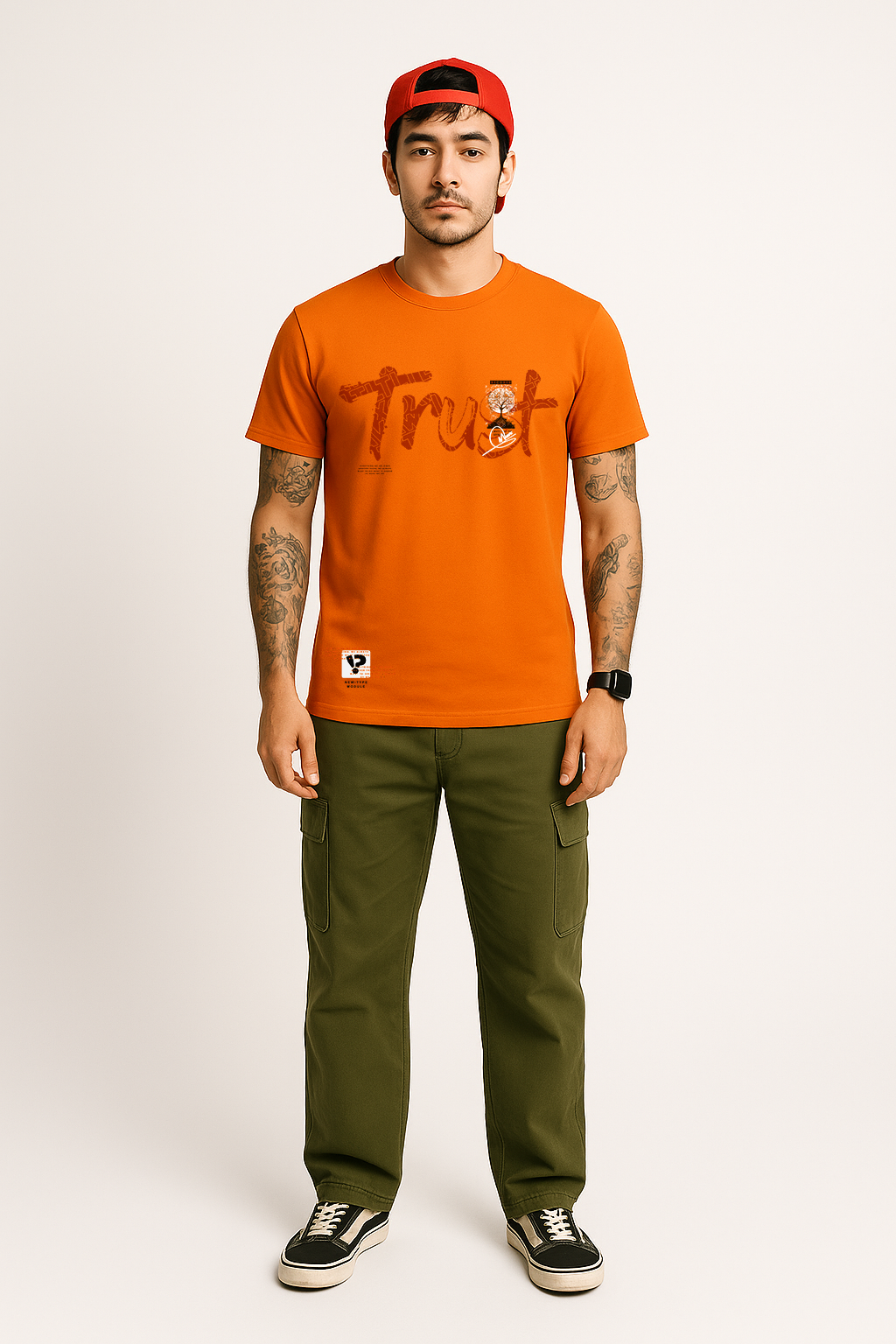 Studio full-length front view of orange t-shirt with trust text and print design – men’s cotton regular tee by BANKAZ