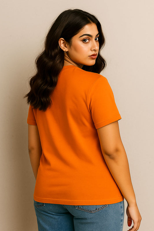 Back view of orange cotton t-shirt for women featuring premium fit – antique monsoon wear style