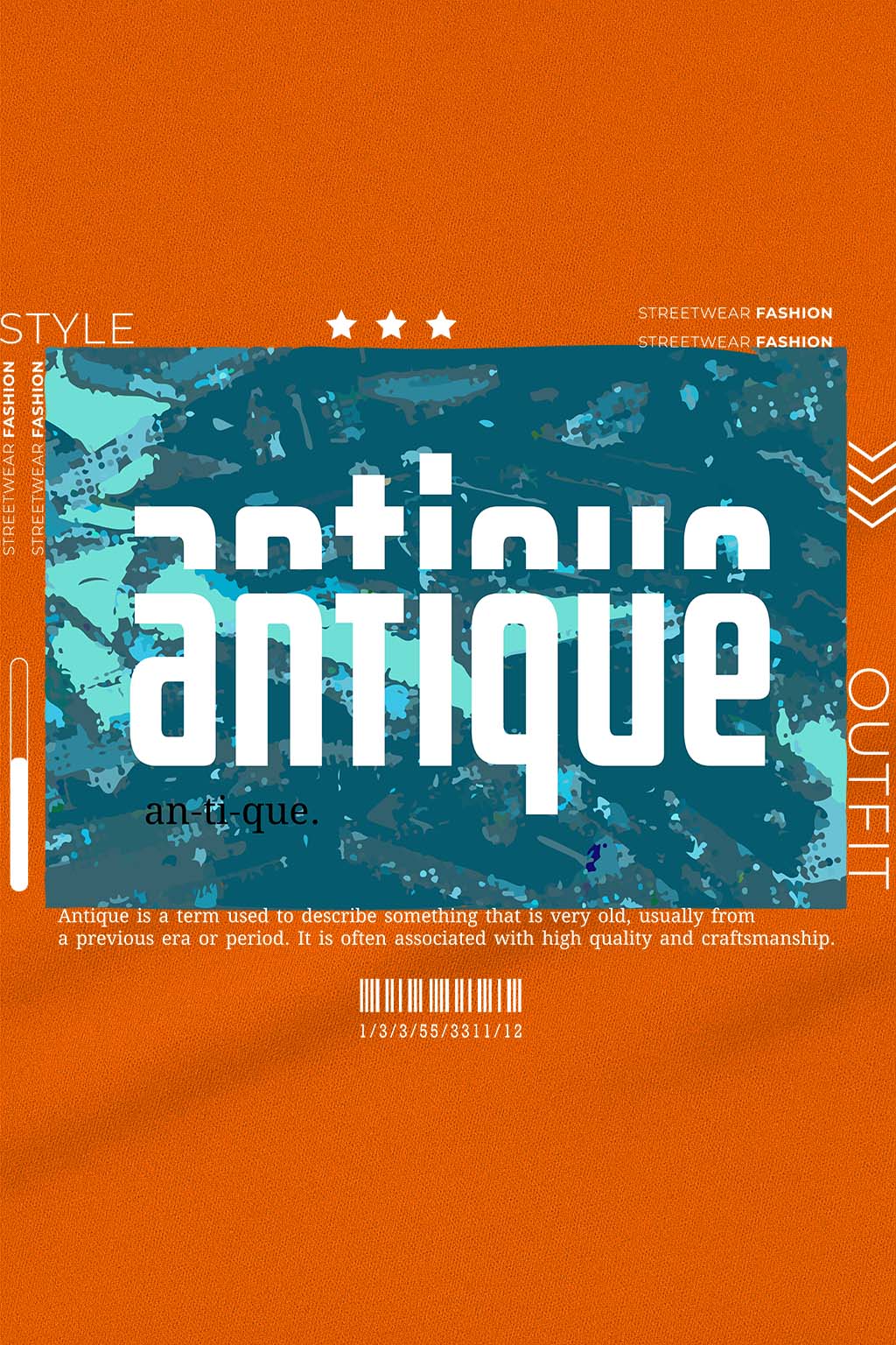 Close-up design view of orange cotton t-shirt for women with antique text and monsoon-inspired layout