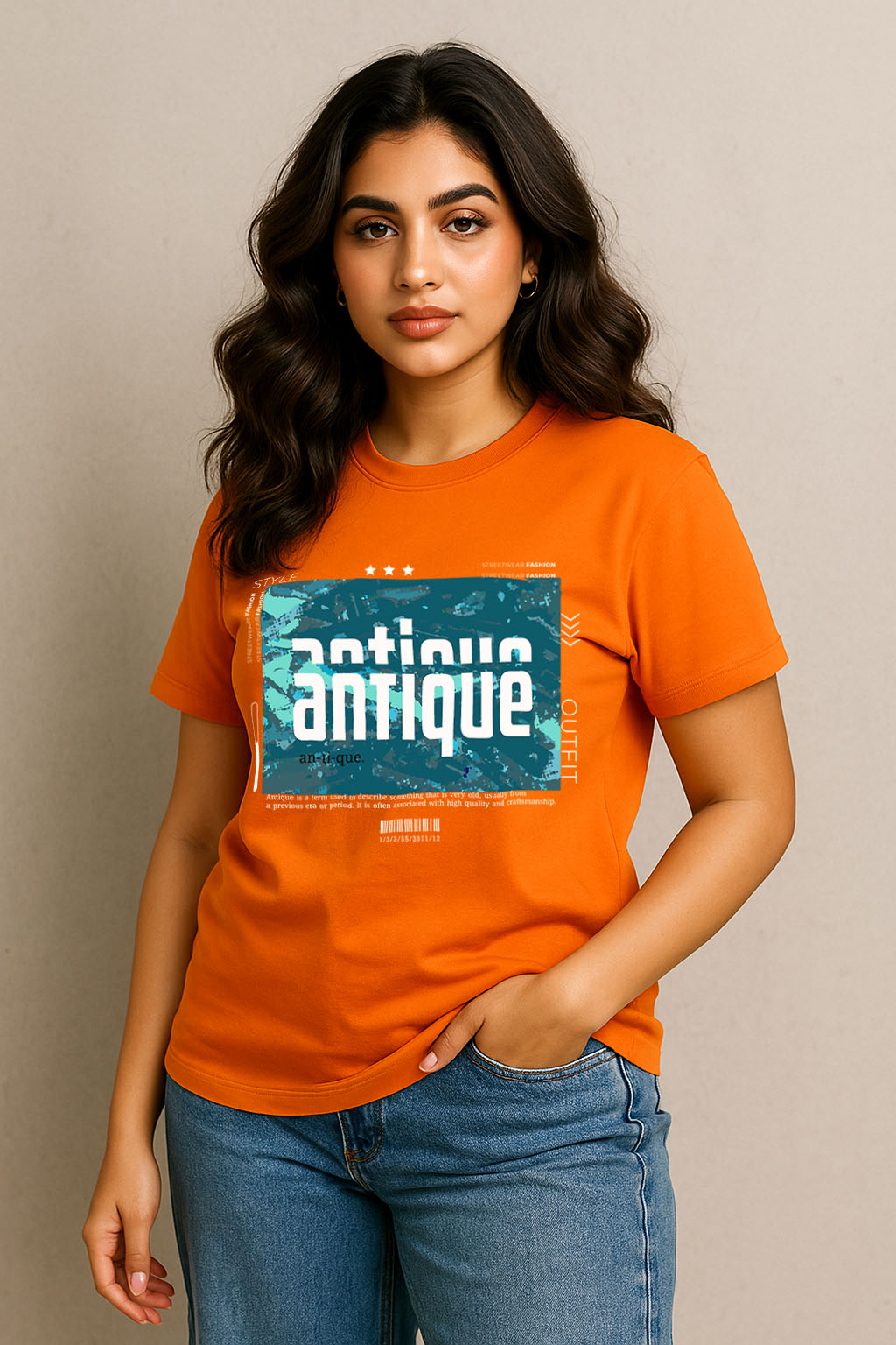 Front view of antique monsoon orange cotton t-shirt for women – relaxed fit with unique streetwear graphic