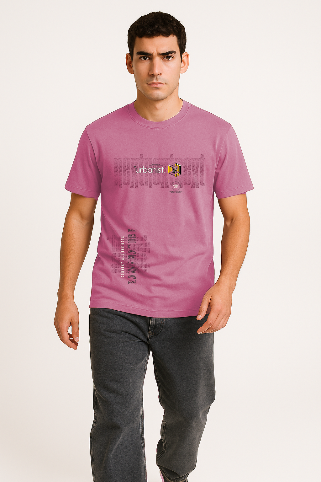 Walking pose in pink cotton t-shirt for men with futuristic graphic design – modern city style