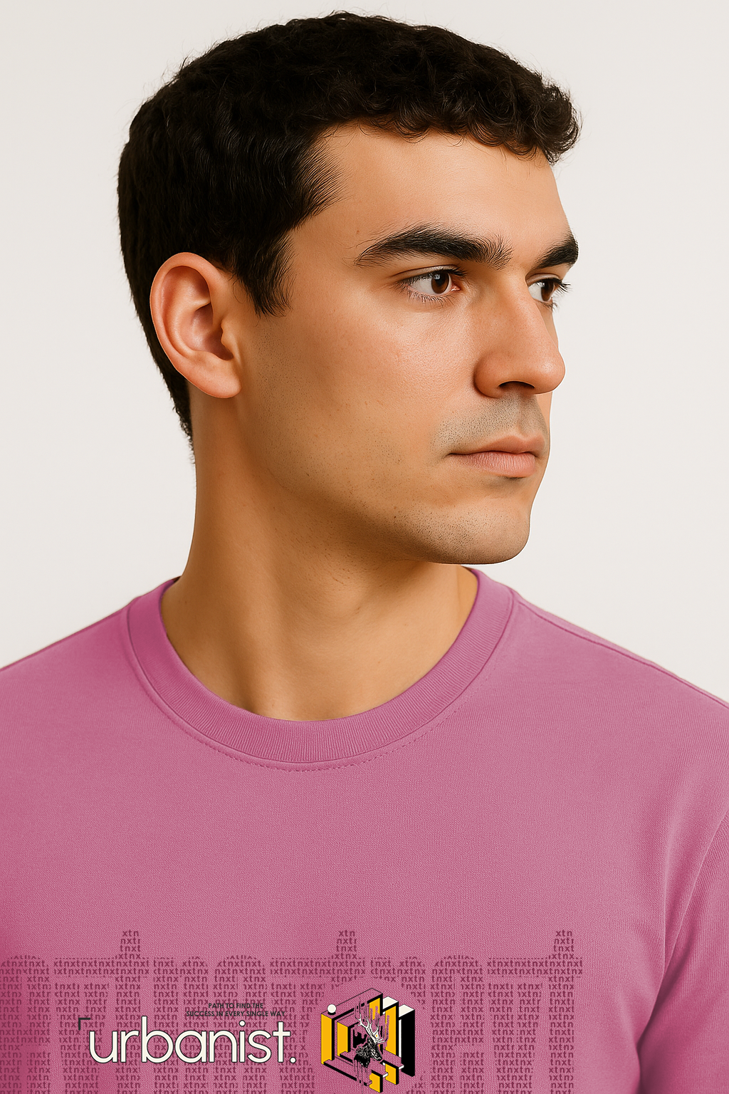 Close-up of front design on pink cotton t-shirt – ‘urbanist’ abstract street style print for men