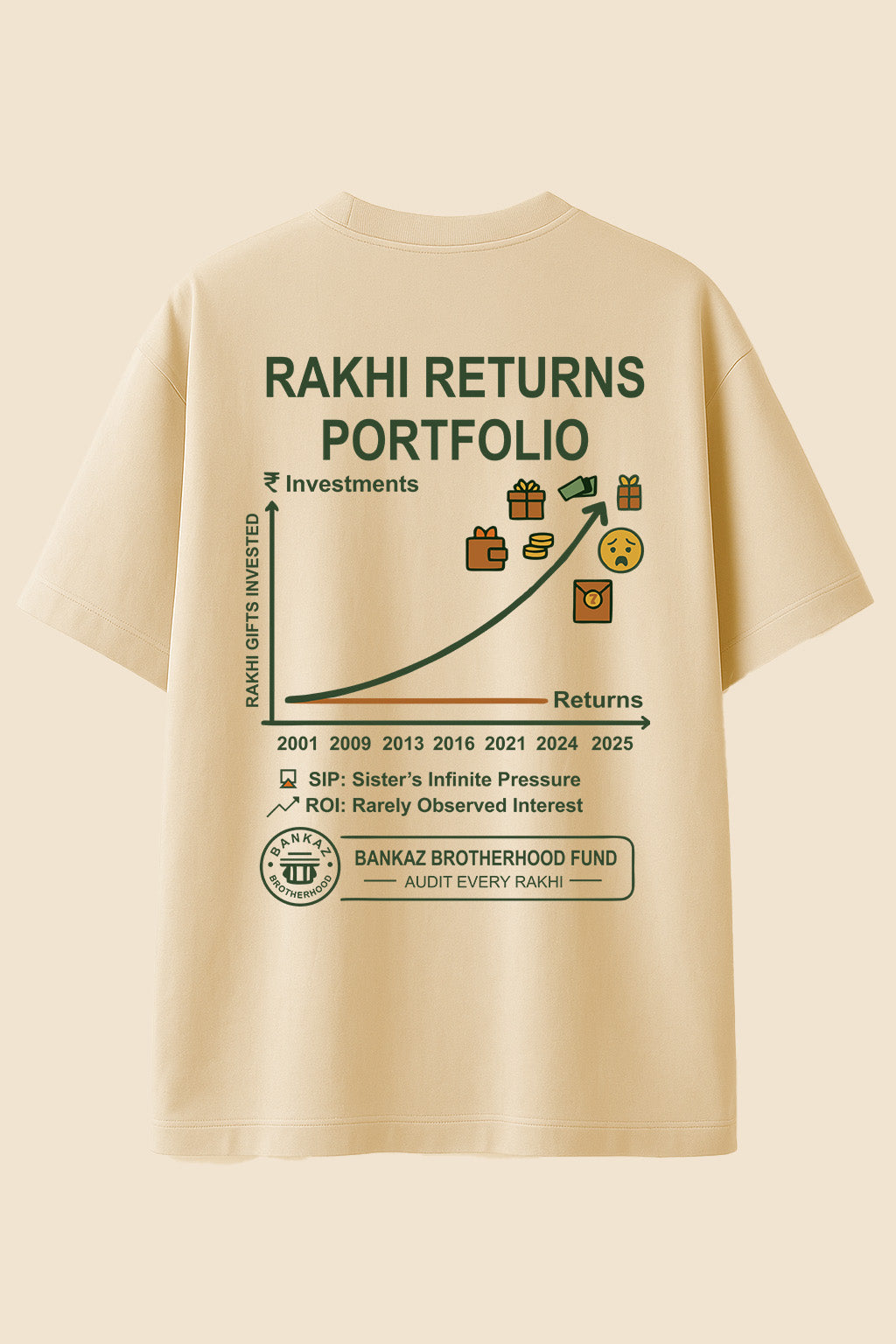 Beige t-shirt with 'Rakhi Returns Portfolio' graphic on a beige background