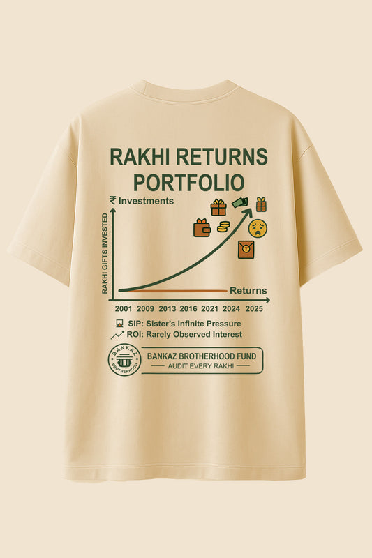 Beige t-shirt with 'Rakhi Returns Portfolio' graphic on a beige background