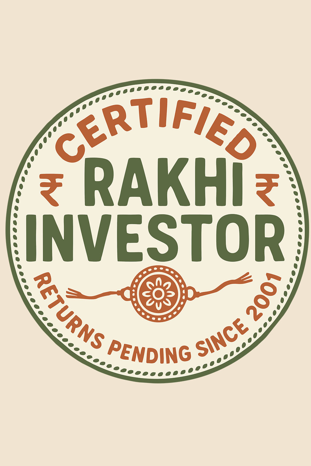 Certified Rakhi Investor badge with decorative elements on a beige background