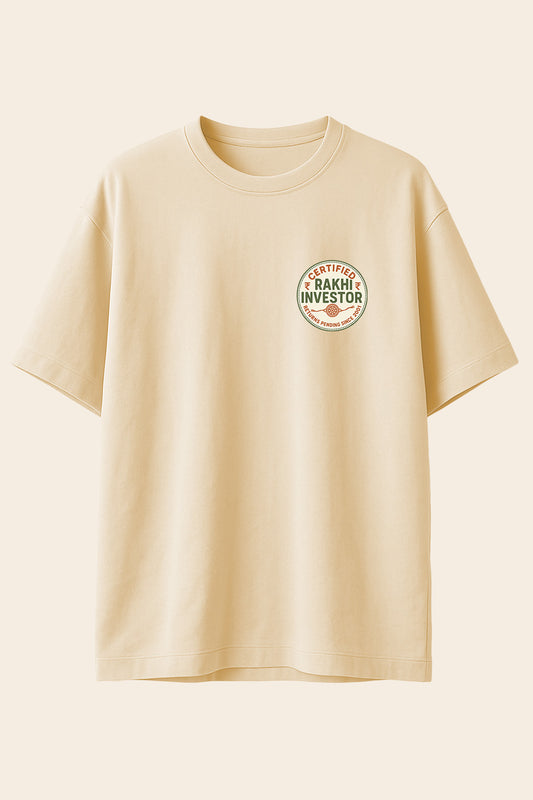Certified Rakhi Investor t-shirt featuring retro badge design with Raksha Bandhan humor, ideal for brothers celebrating sibling bond with a twist.