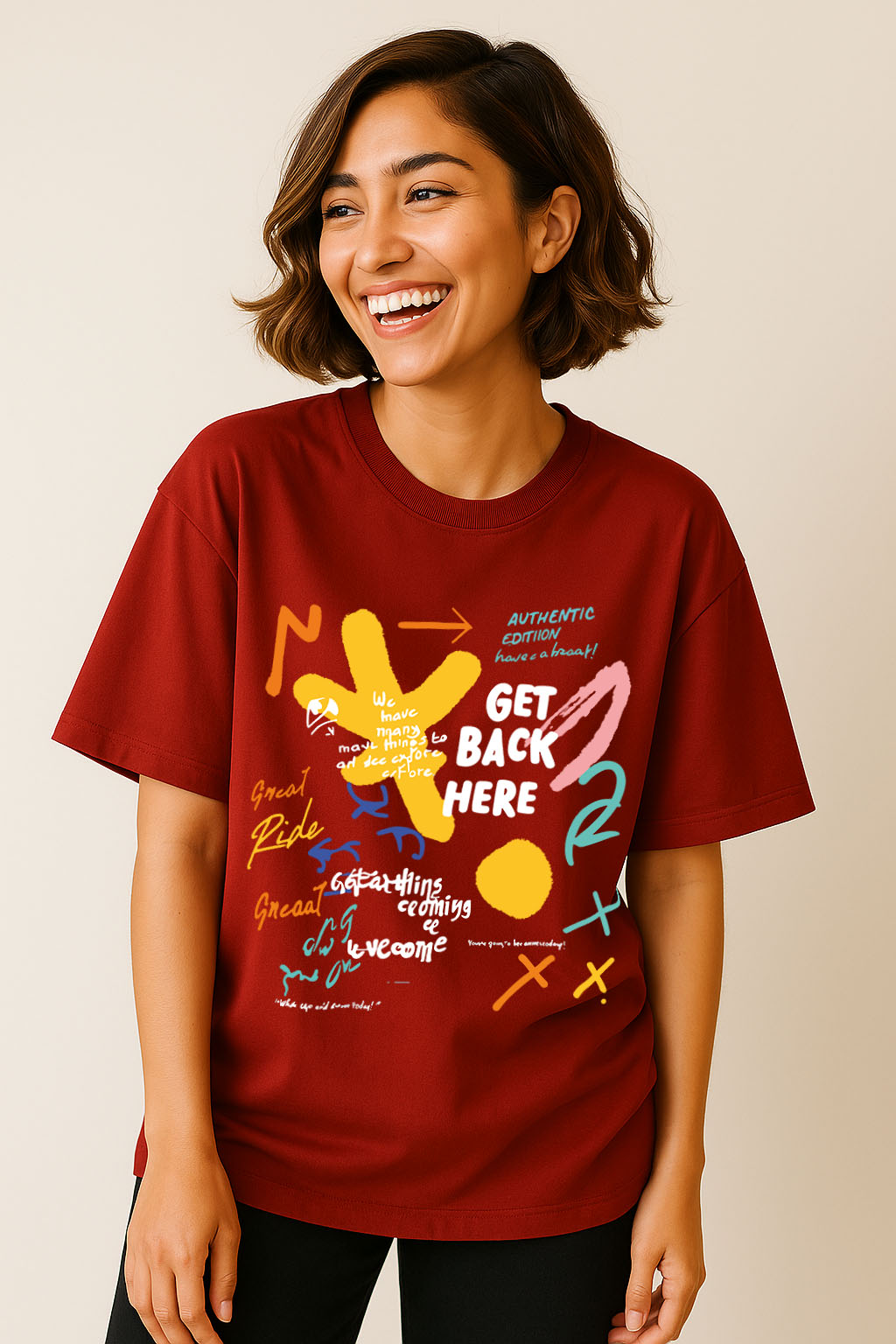 Trendy Gen Z look – red oversized t-shirt for women with bold abstract graffiti design