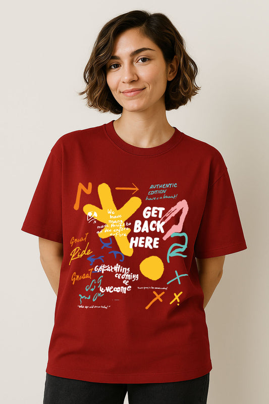 Fashion-forward red graffiti t-shirt for women in oversized cotton fit, street-art inspired