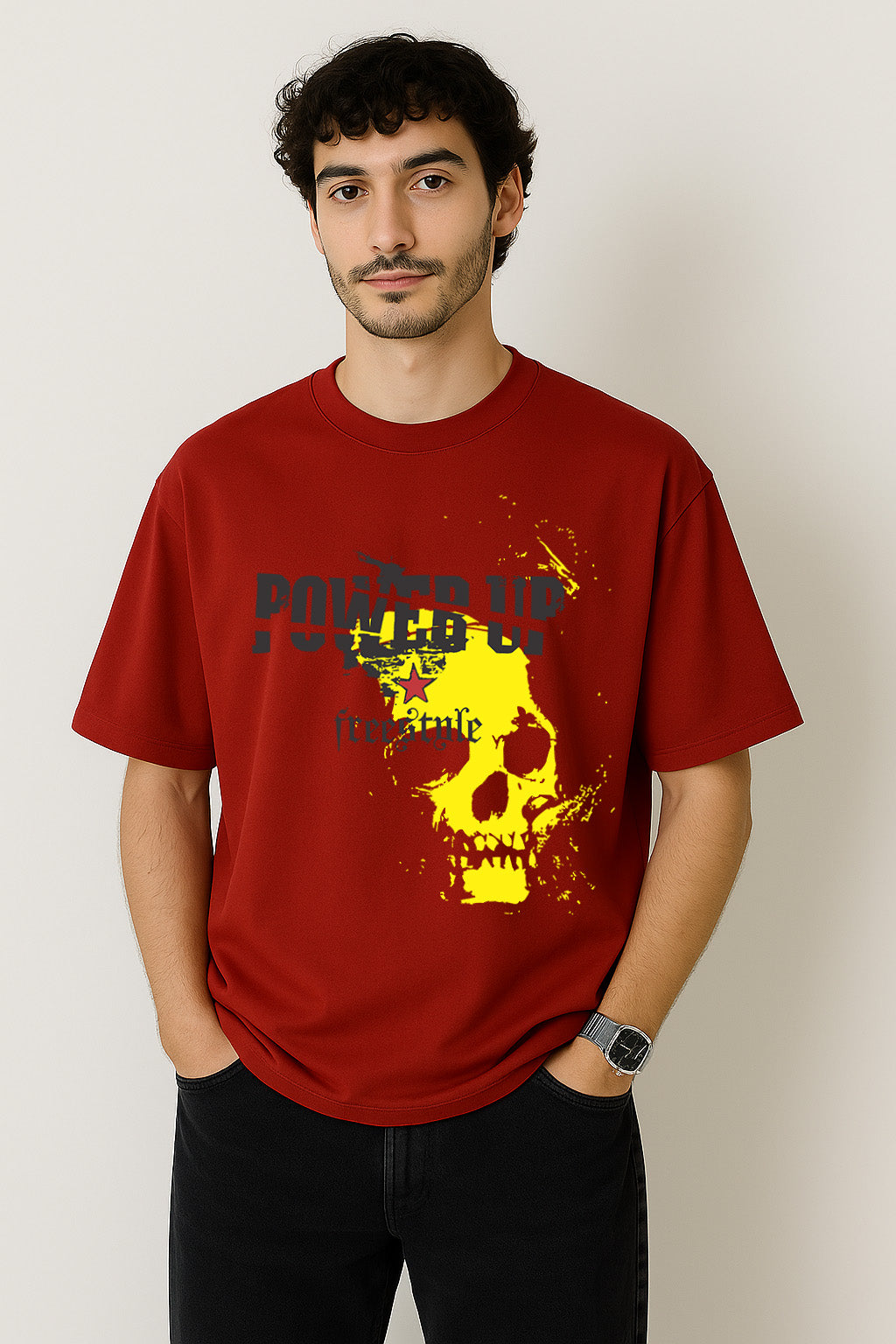 Front-facing view of BANKAZ red oversized t shirt with freestyle-themed yellow skull print