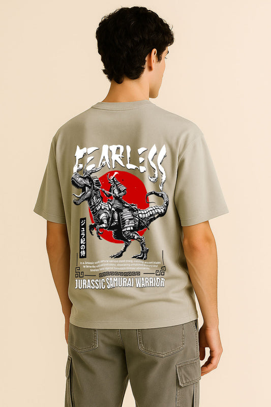 Back view of samurai warrior t shirt in grey oversized fit