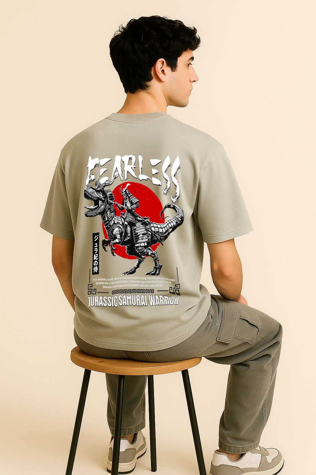 Back angle of grey oversized samurai warrior t shirt