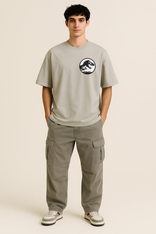 Full front look of grey oversized samurai warrior t shirt