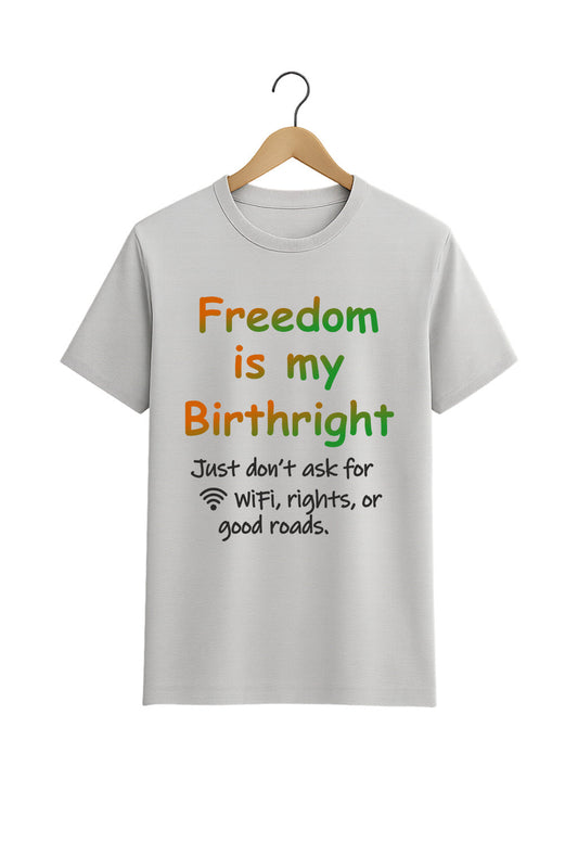 Front view of BANKAZ grey sarcastic Independence Day T-shirt with humorous quote for men and women