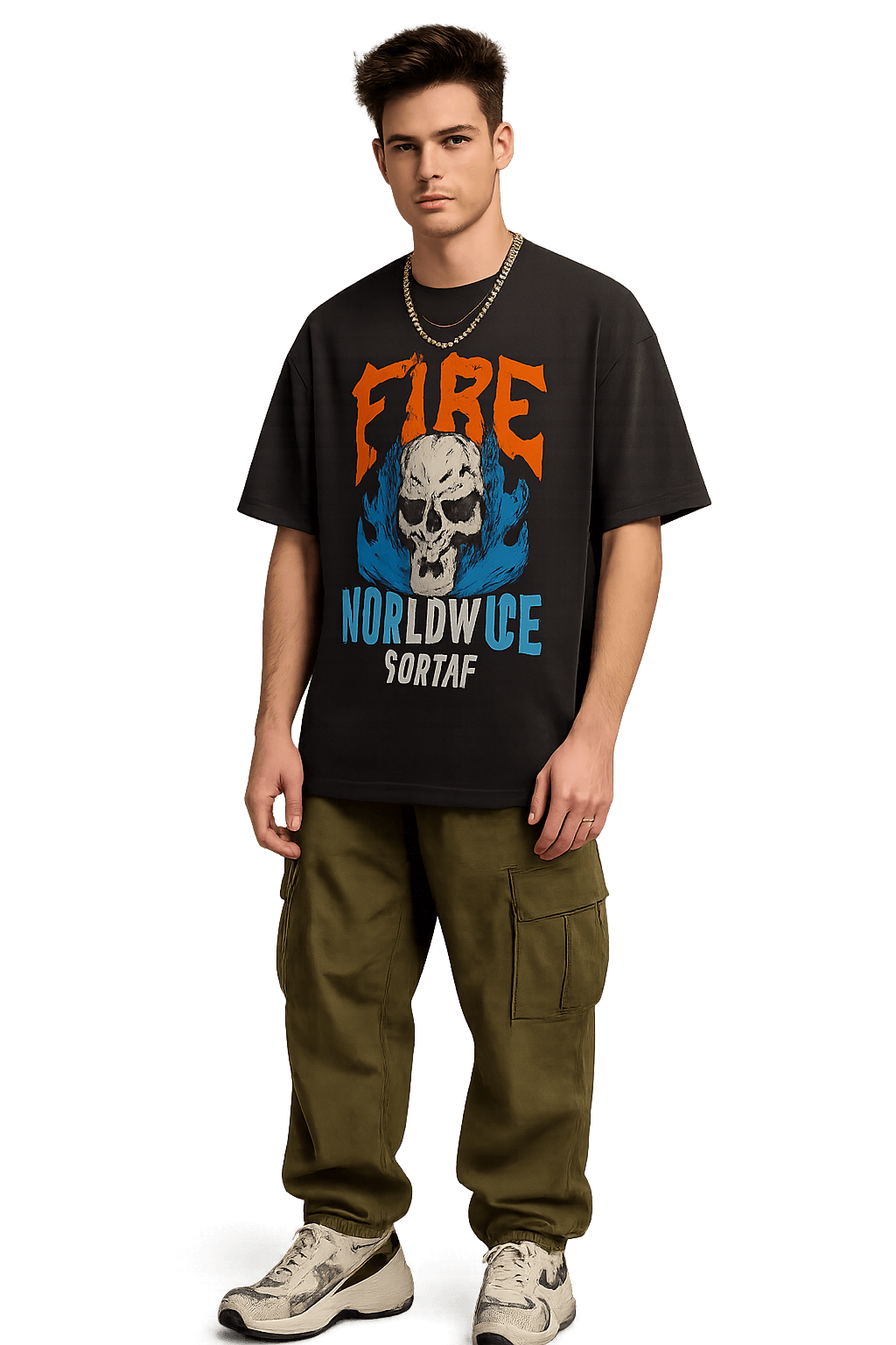 a gen-z guy posing in oversized streetwear look
