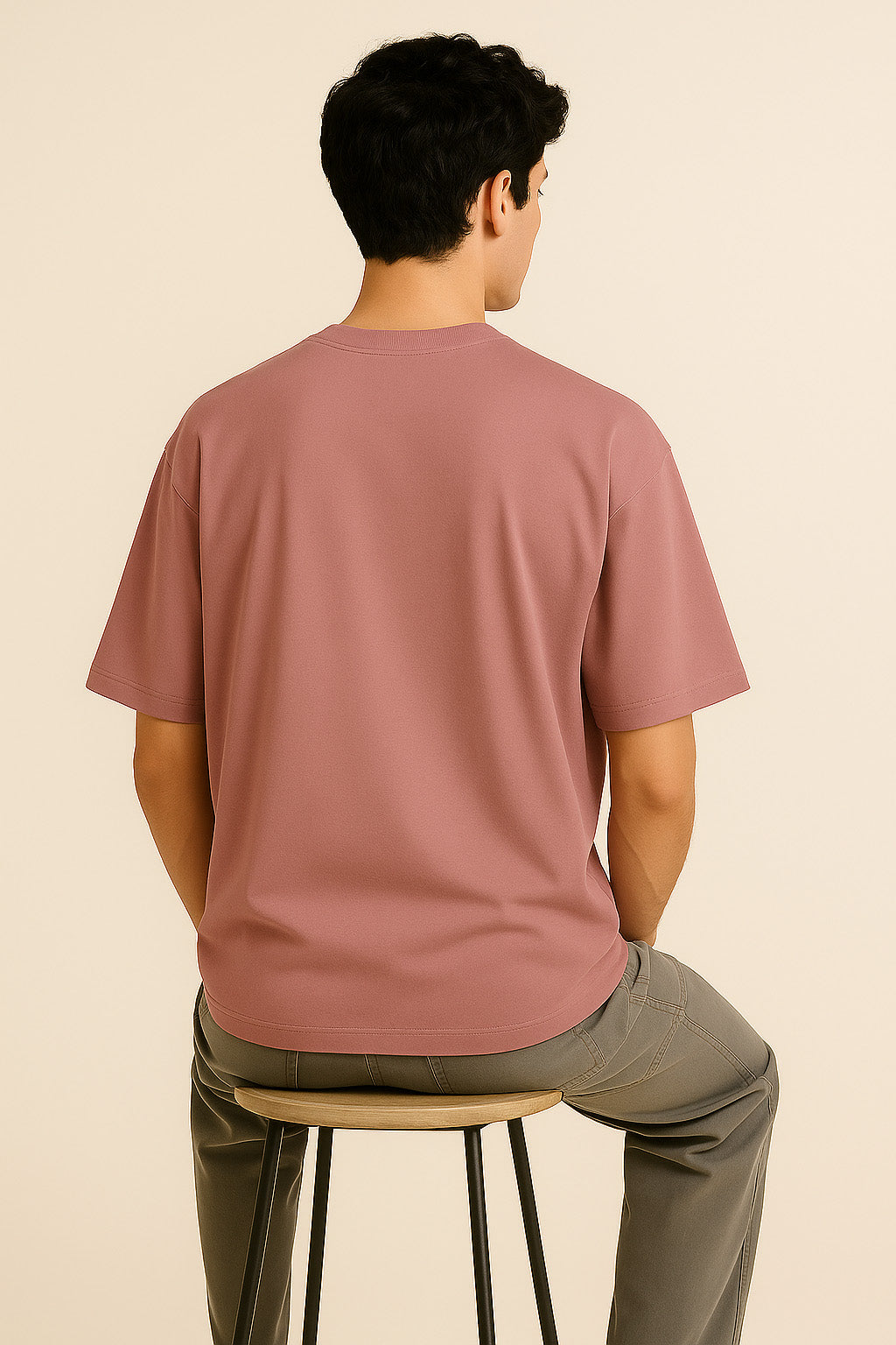 Back profile of BANKAZ pink oversized t shirt with smooth solid finish