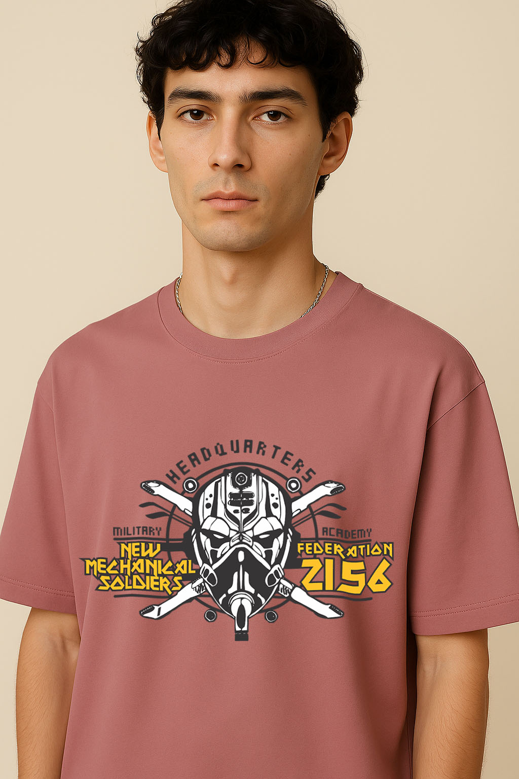 Close-up view of BANKAZ pink oversized t shirt with Star Wars Stormtrooper helmet graphic print