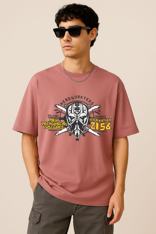 Front pose showing BANKAZ Star Wars-inspired oversized pink t shirt with bold helmet design