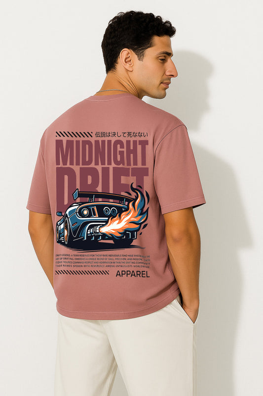 Back view of street racing t shirt in pink oversized style featuring flaming drift car and bold text