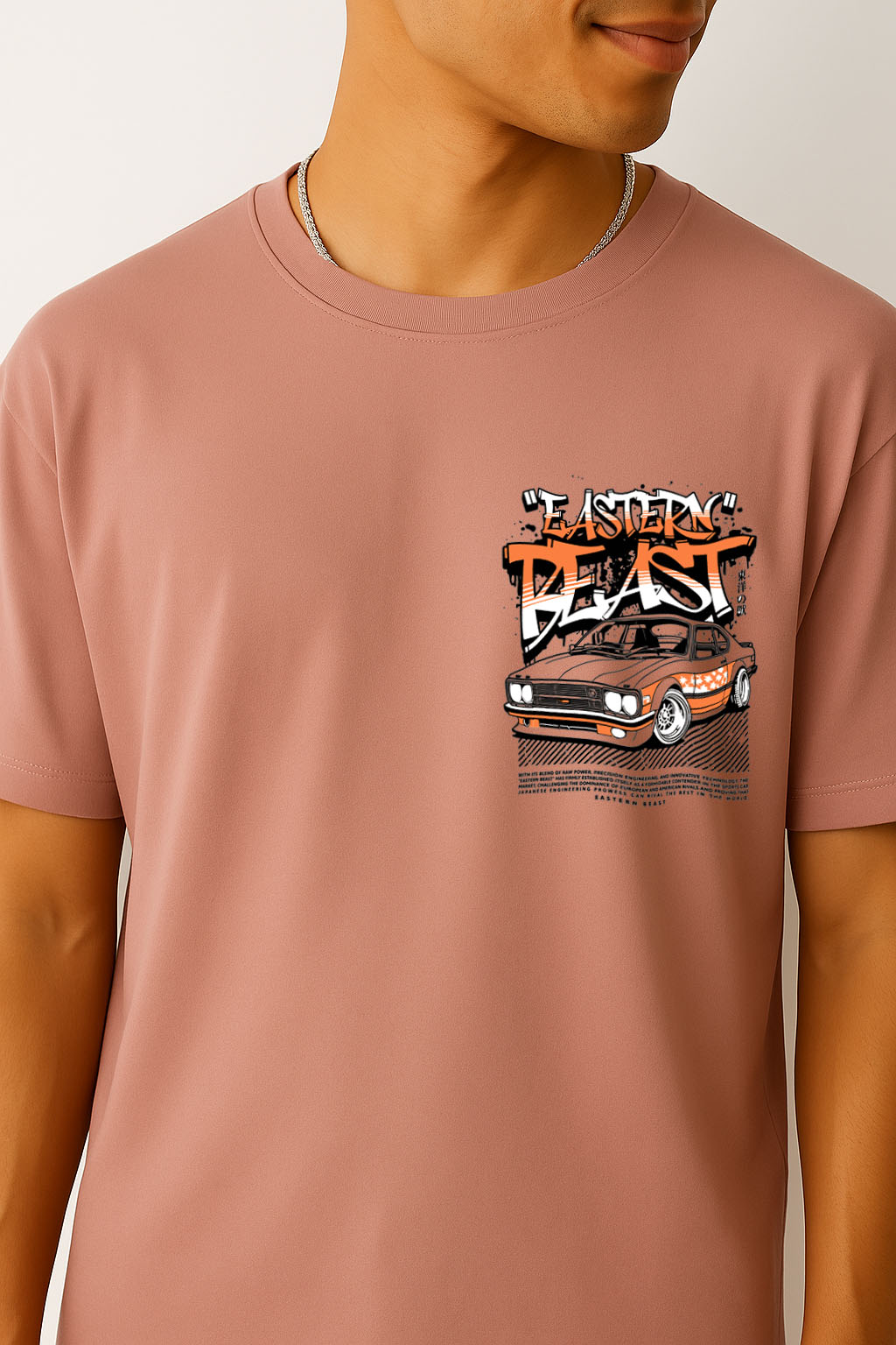 Close-up of chest artwork on street racing t shirt in pink oversized fit with vintage drift car design