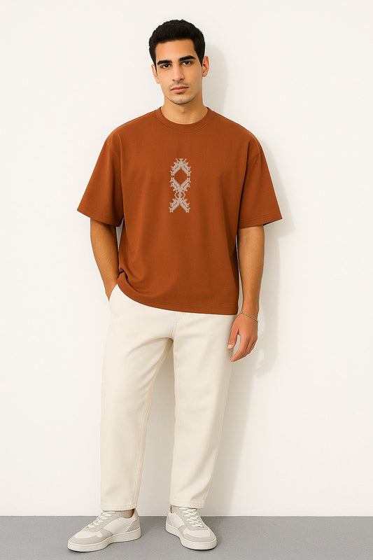 Full front view of Tribe brown oversized tee