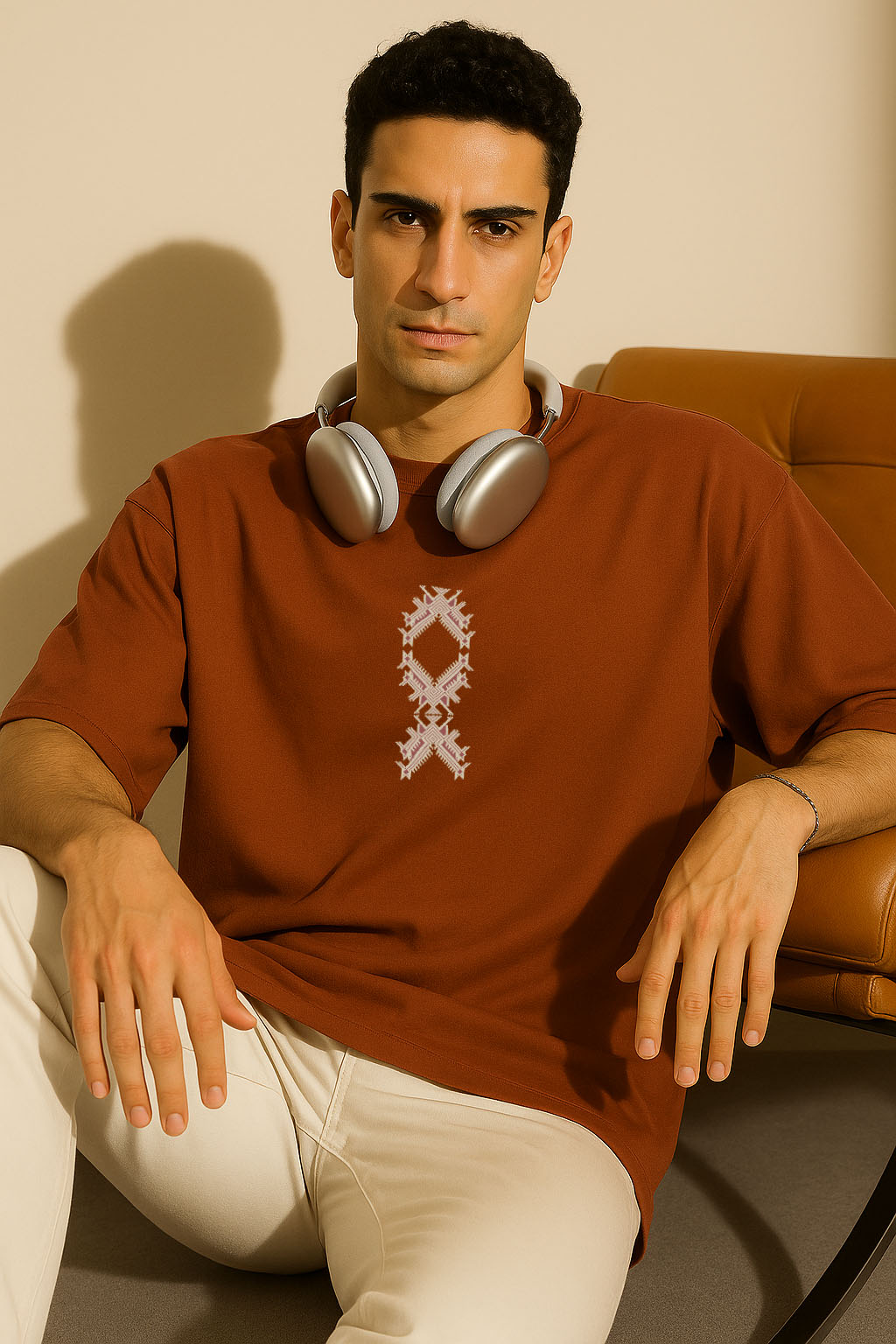 Model sitting, wearing brown Tribe graphic tee