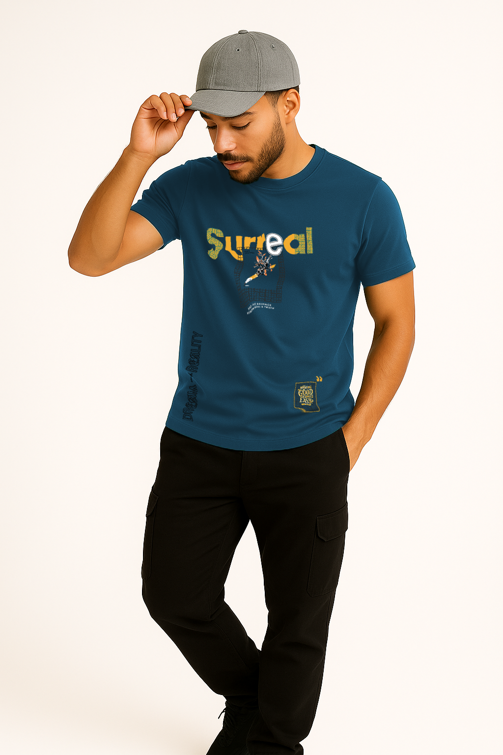 Front view of turquoise cotton t-shirt for men featuring "Surreal" design – Gen Z streetwear look