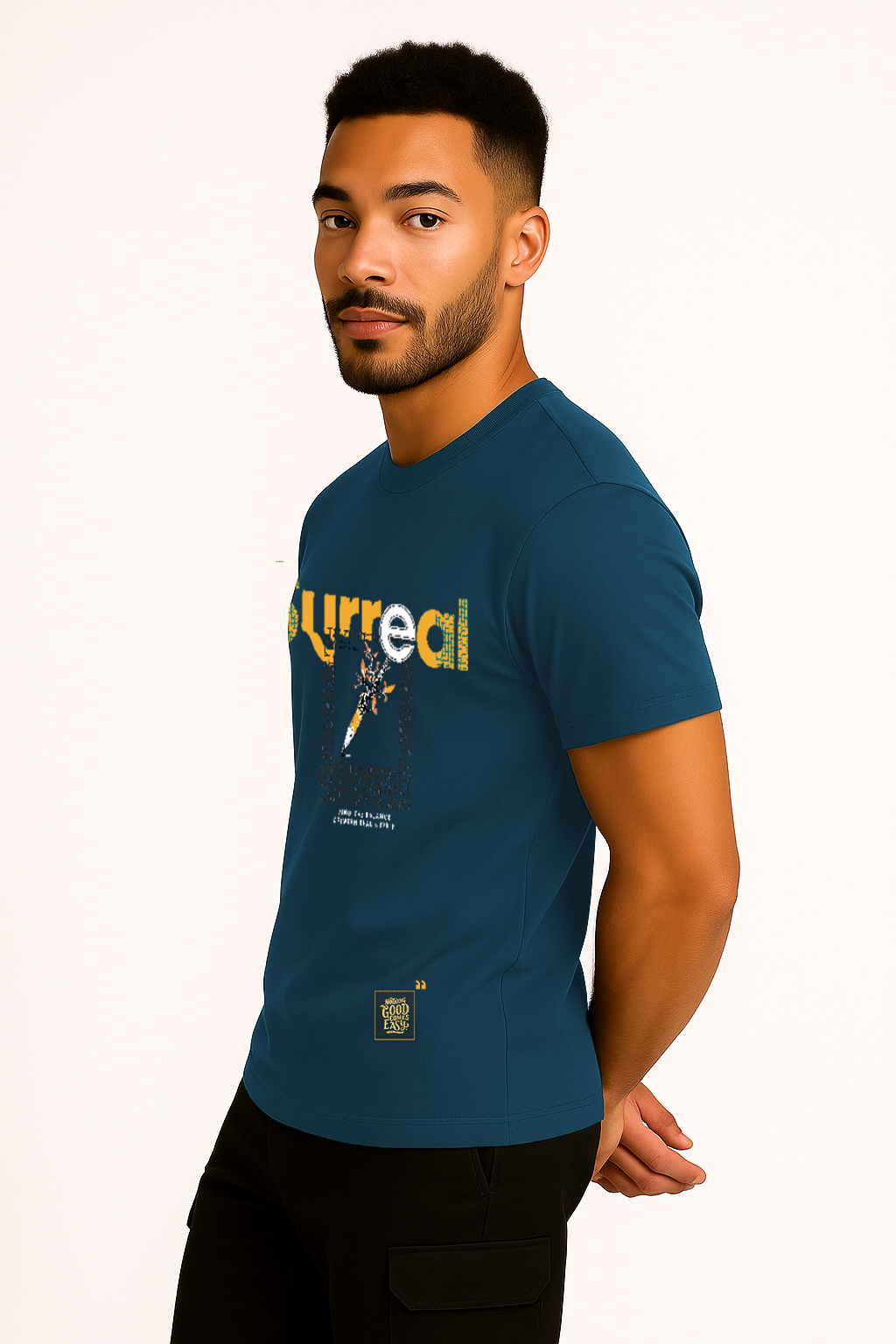 Angled pose showcasing surreal graphic design on turquoise cotton t-shirt for men – stylish urban look