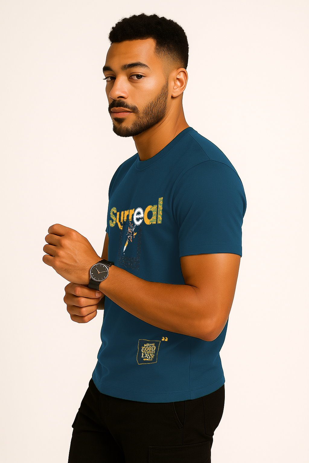 Side view of surreal print on turquoise cotton men’s t-shirt – fashion-forward street style