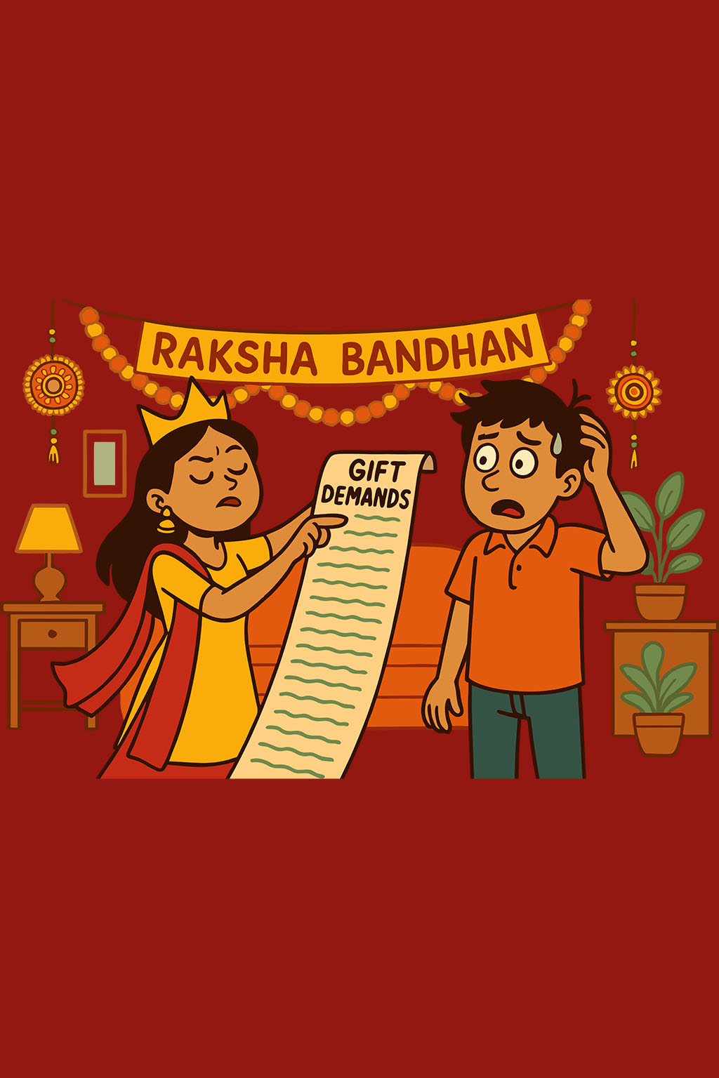 Funny Raksha Bandhan t-shirt with cartoon of a sister demanding gifts and brother sweating, humorously showing gift pressure during Rakhi festival.