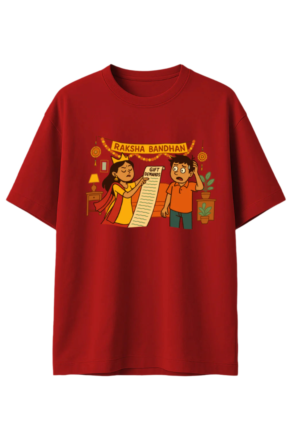 Red t-shirt with a graphic design of two people and 'Raksha Bandhan' text on a beige background