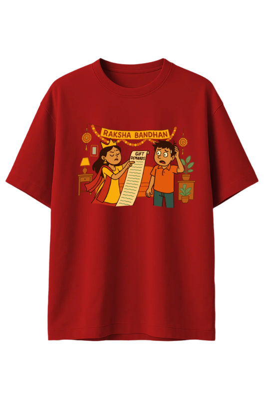 Red t-shirt with a graphic design of two people and 'Raksha Bandhan' text on a beige background