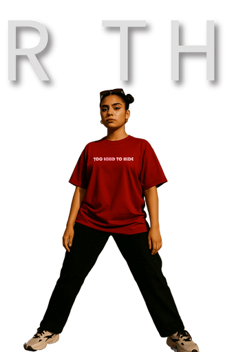 gen-z model wearing red oversized t-shirt