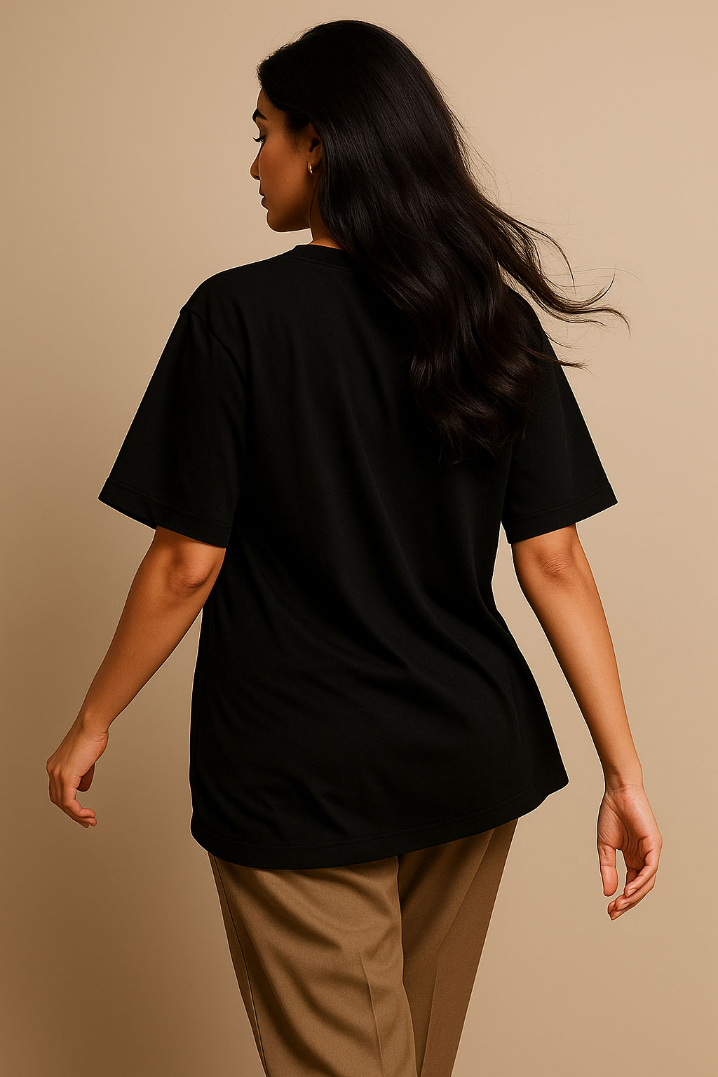 Back view of women's black oversized desi t-shirt – Hindi quote streetwear style
