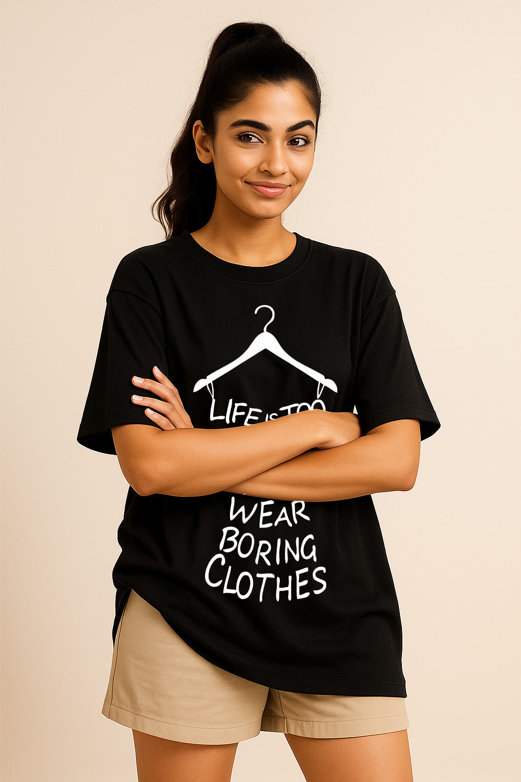 Front view of black oversized t-shirt for women with bold Gen Z fashion quote – comfy cotton lycra tee